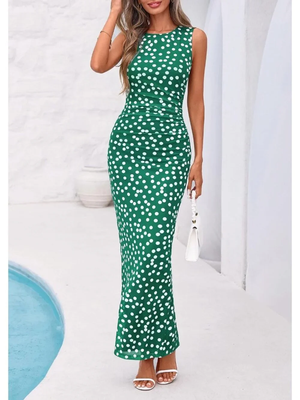 Women's Dot Green Polyester Elastane Mesh Sleeveless Bodycon Long Maxi Dress - Picture 2 of 6